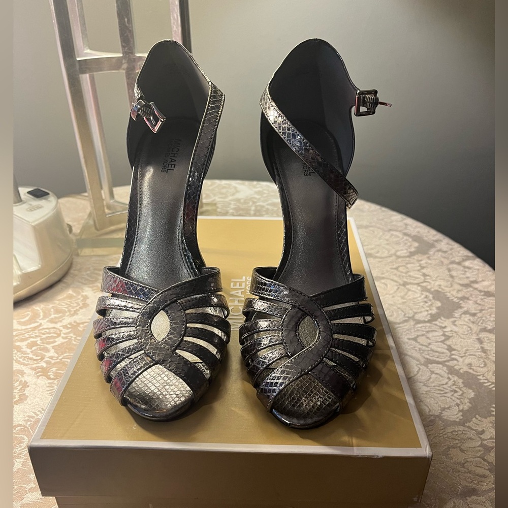 Pewter Colored Peep-toed Pumps